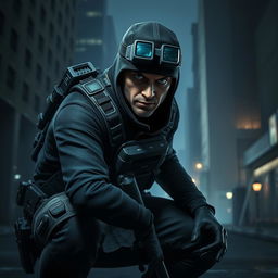 A stealthy operative from the game "Splinter Cell" in an action-packed scene set in a dimly lit urban environment