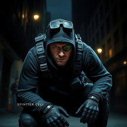 A stealthy operative from the game "Splinter Cell" in an action-packed scene set in a dimly lit urban environment