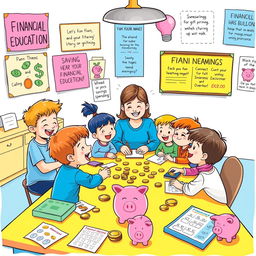 An engaging and colorful illustration showcasing financial education for children