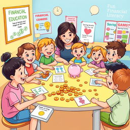 An engaging and colorful illustration showcasing financial education for children