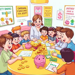 An engaging and colorful illustration showcasing financial education for children