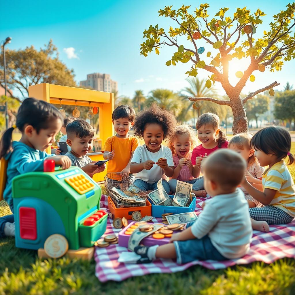 An imaginative scene featuring children joyfully playing with money-themed toys and games