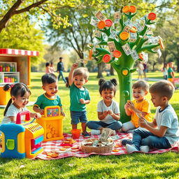 An imaginative scene featuring children joyfully playing with money-themed toys and games