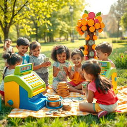 An imaginative scene featuring children joyfully playing with money-themed toys and games