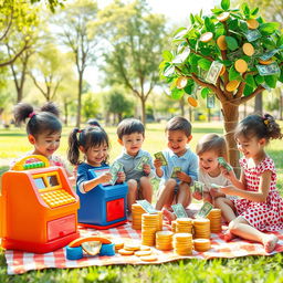 An imaginative scene featuring children joyfully playing with money-themed toys and games