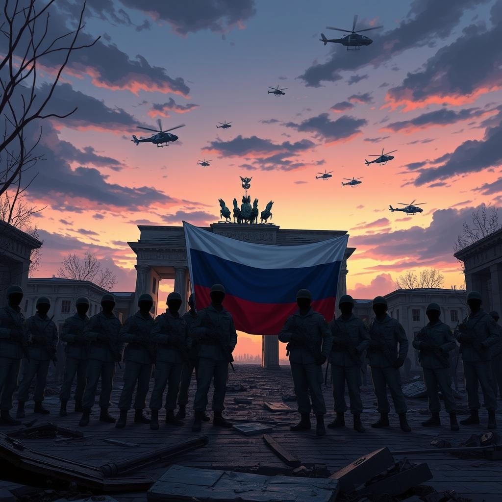 A captivating anime-style scene featuring faceless Russian soldiers standing together for a group picture behind the iconic half-destroyed Brandenburg Gate