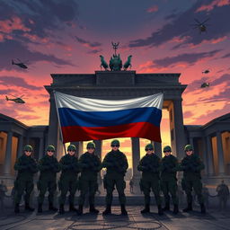 A captivating anime-style scene featuring faceless Russian soldiers standing together for a group picture behind the iconic half-destroyed Brandenburg Gate