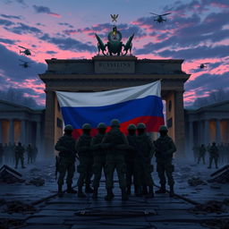 A captivating anime-style scene featuring faceless Russian soldiers standing together for a group picture behind the iconic half-destroyed Brandenburg Gate