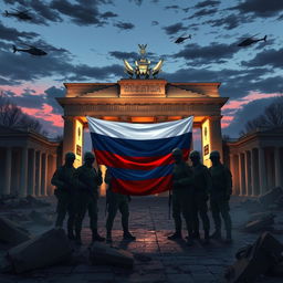 A captivating anime-style scene featuring faceless Russian soldiers standing together for a group picture behind the iconic half-destroyed Brandenburg Gate