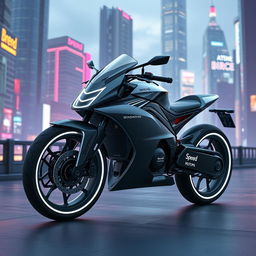 A sleek and futuristic bike designed by 'Brend Motors', showcasing advanced technology and unique aesthetics