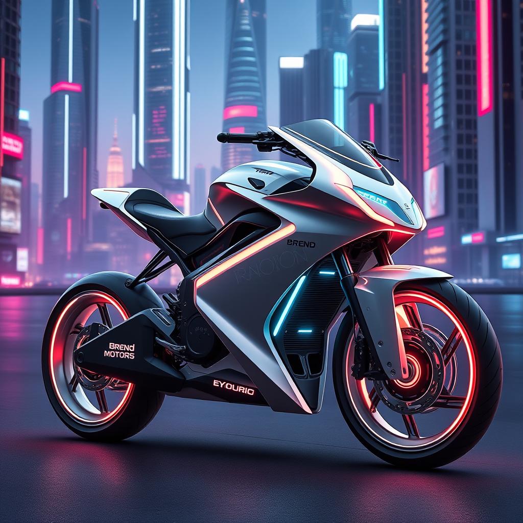 A sleek and futuristic bike designed by 'Brend Motors', showcasing advanced technology and unique aesthetics