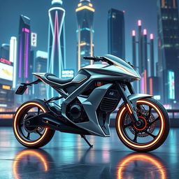 A sleek and futuristic bike designed by 'Brend Motors', showcasing advanced technology and unique aesthetics