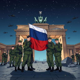 An engaging anime-style illustration showcasing a group of Russian soldiers standing together for a picture behind the half-destroyed Brandenburg Gate