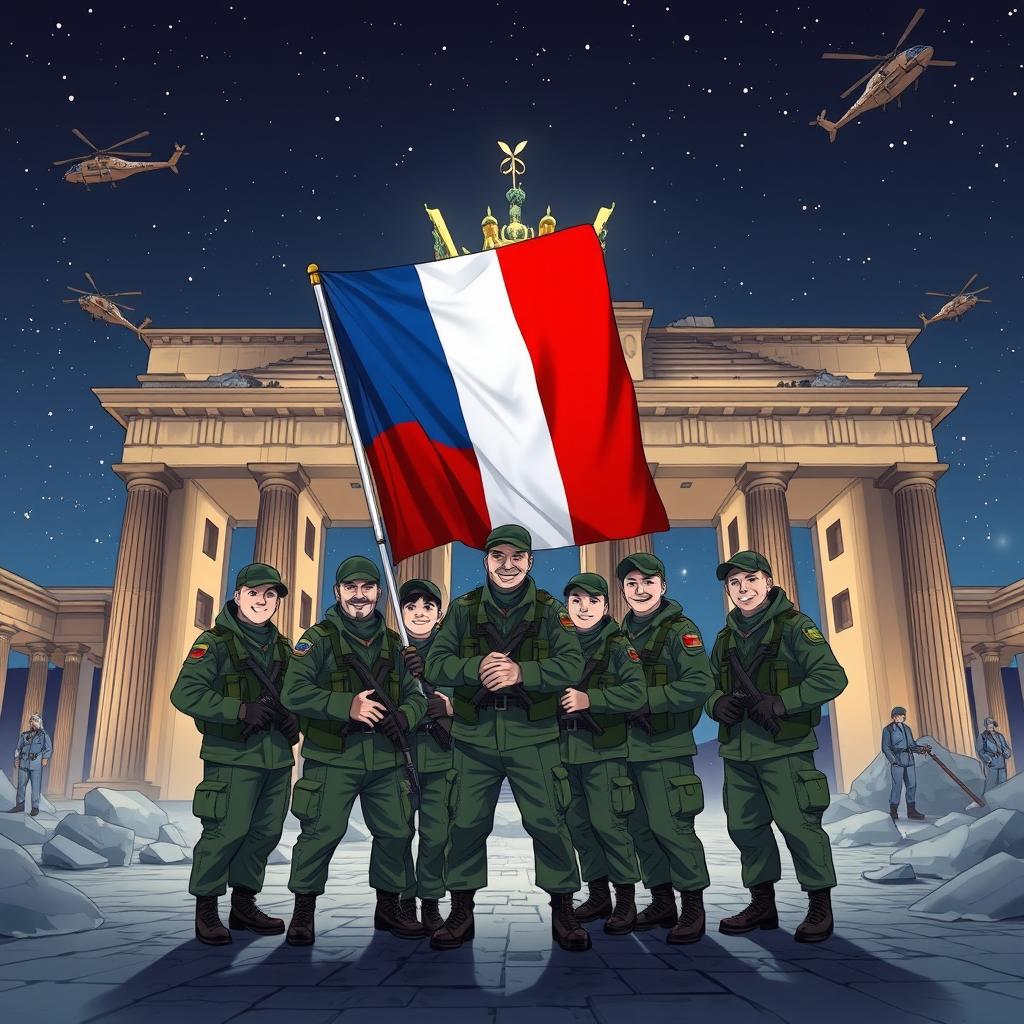 An engaging anime-style illustration showcasing a group of Russian soldiers standing together for a picture behind the half-destroyed Brandenburg Gate