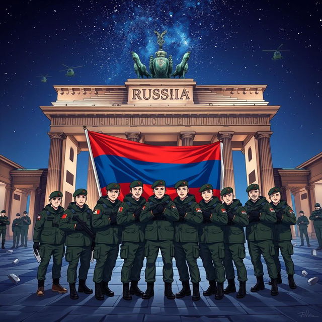 An engaging anime-style illustration showcasing a group of Russian soldiers standing together for a picture behind the half-destroyed Brandenburg Gate