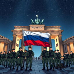 An engaging anime-style illustration showcasing a group of Russian soldiers standing together for a picture behind the half-destroyed Brandenburg Gate