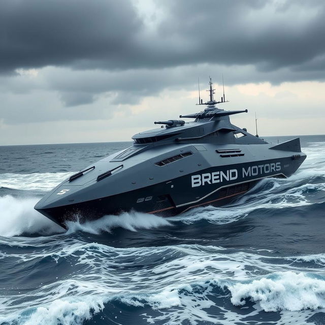 A futuristic warship named 'Brend Motors', featuring sleek aerodynamic contours and advanced technology