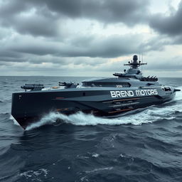 A futuristic warship named 'Brend Motors', featuring sleek aerodynamic contours and advanced technology