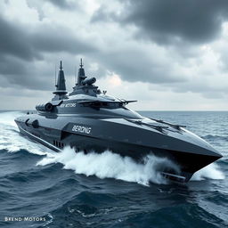 A futuristic warship named 'Brend Motors', featuring sleek aerodynamic contours and advanced technology