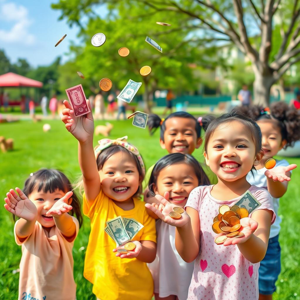 A whimsical scene featuring children joyfully holding money in their hands