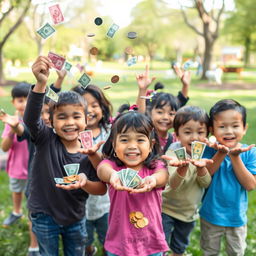 A whimsical scene featuring children joyfully holding money in their hands