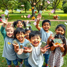 A whimsical scene featuring children joyfully holding money in their hands