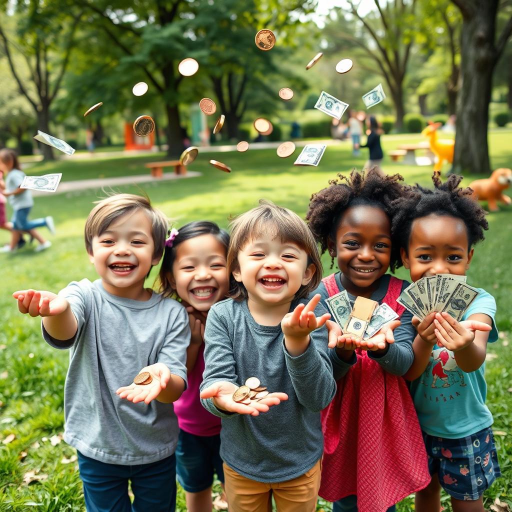 A whimsical scene featuring children joyfully holding money in their hands