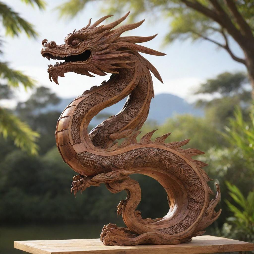 A majestic Chinese dragon with a body formed from polished teak and bamboo. Its serpent-like form twists skywards, intricate wooden scales reflecting the sunlight and whiskers flowing like willow leaves in the breeze.