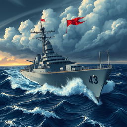 A highly detailed, powerful military battleship named 'Brend Motors', illustrated in a dramatic oceanic setting