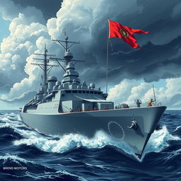 A highly detailed, powerful military battleship named 'Brend Motors', illustrated in a dramatic oceanic setting