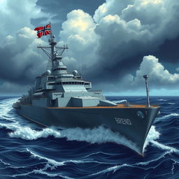 A highly detailed, powerful military battleship named 'Brend Motors', illustrated in a dramatic oceanic setting