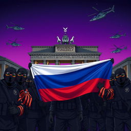 An intense anime-style illustration of Russian conscript soldiers wearing black balaclavas and sunglasses, posing for a group picture behind the half-destroyed Brandenburg Gate