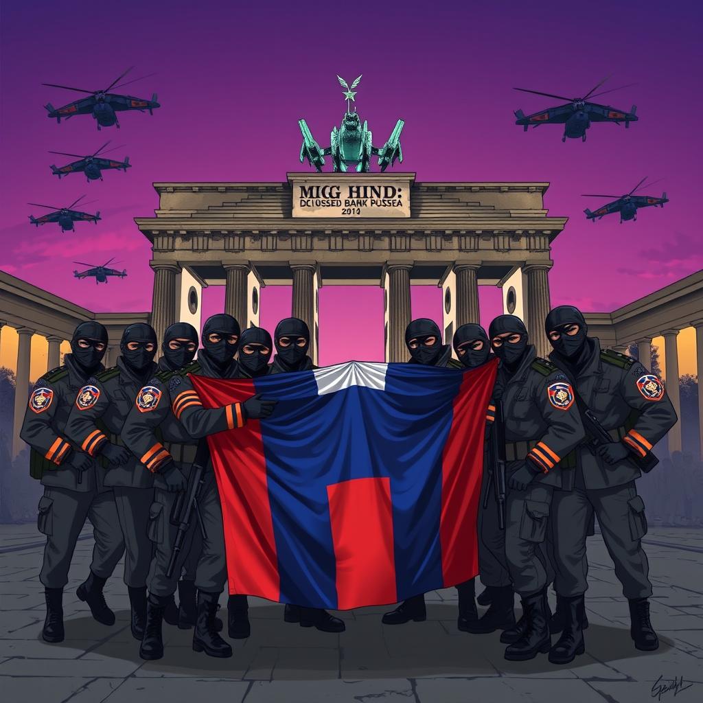 An intense anime-style illustration of Russian conscript soldiers wearing black balaclavas and sunglasses, posing for a group picture behind the half-destroyed Brandenburg Gate