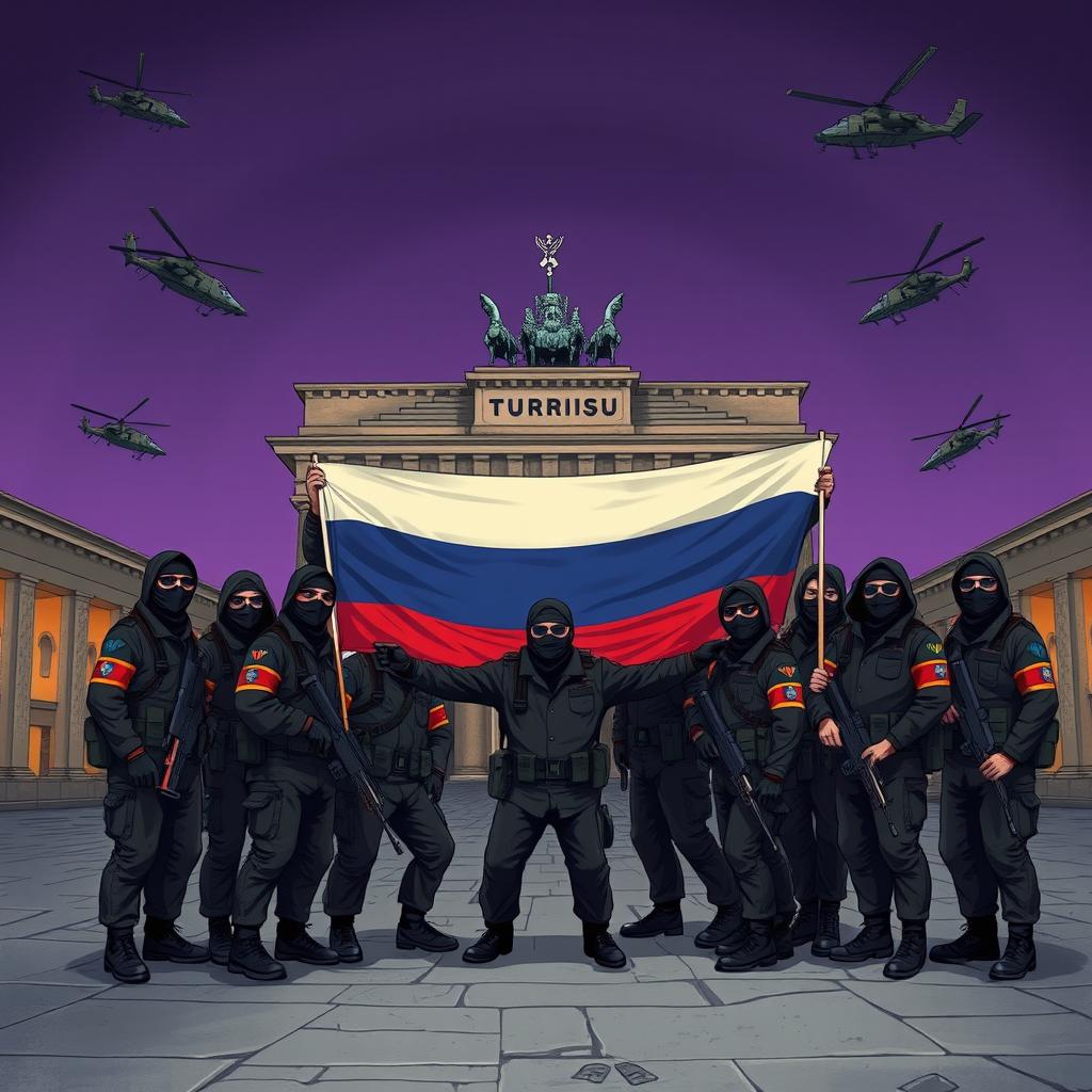 An intense anime-style illustration of Russian conscript soldiers wearing black balaclavas and sunglasses, posing for a group picture behind the half-destroyed Brandenburg Gate