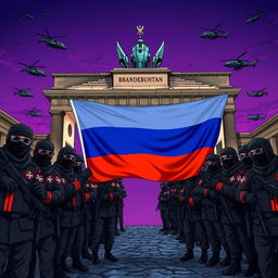 An intense anime-style illustration of Russian conscript soldiers wearing black balaclavas and sunglasses, posing for a group picture behind the half-destroyed Brandenburg Gate