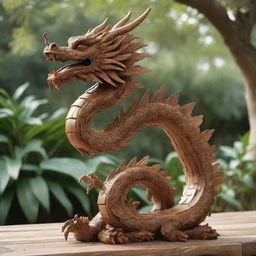 A majestic Chinese dragon with a body formed from polished teak and bamboo. Its serpent-like form twists skywards, intricate wooden scales reflecting the sunlight and whiskers flowing like willow leaves in the breeze.