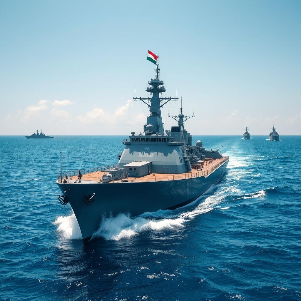 A majestic military battleship named 'Brend Motors', prominently displaying the UAE flag on its mast