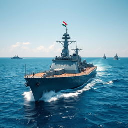 A majestic military battleship named 'Brend Motors', prominently displaying the UAE flag on its mast