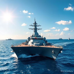 A majestic military battleship named 'Brend Motors', prominently displaying the UAE flag on its mast