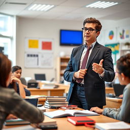 A charismatic and intelligent professor standing in a modern university classroom filled with books and technological gadgets