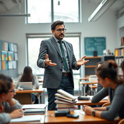 A charismatic and intelligent professor standing in a modern university classroom filled with books and technological gadgets