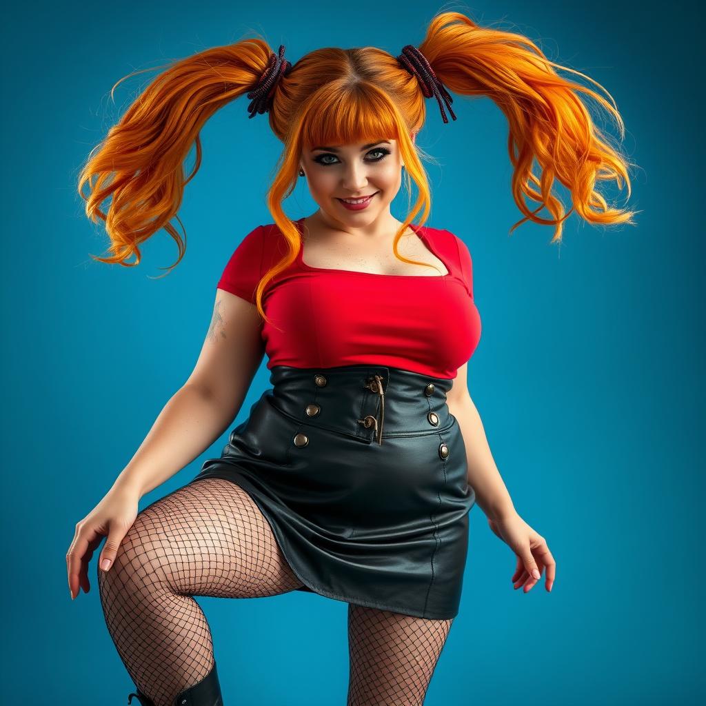 A full-body portrait of a very curvy, sexy woman with freckles and orange hair styled in two high pigtails