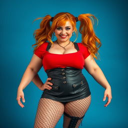 A full-body portrait of a very curvy, sexy woman with freckles and orange hair styled in two high pigtails