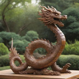 A majestic Chinese dragon with a body formed from polished teak and bamboo. Its serpent-like form twists skywards, intricate wooden scales reflecting the sunlight and whiskers flowing like willow leaves in the breeze.