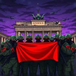 An intense anime-style portrayal of Russian conscript soldiers wearing green helmets, black balaclavas, and sunglasses, posing for a group picture behind the half-destroyed Brandenburg Gate