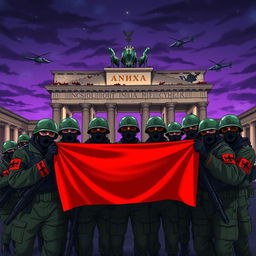 An intense anime-style portrayal of Russian conscript soldiers wearing green helmets, black balaclavas, and sunglasses, posing for a group picture behind the half-destroyed Brandenburg Gate