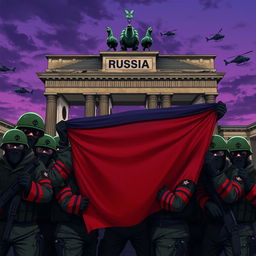 An intense anime-style portrayal of Russian conscript soldiers wearing green helmets, black balaclavas, and sunglasses, posing for a group picture behind the half-destroyed Brandenburg Gate