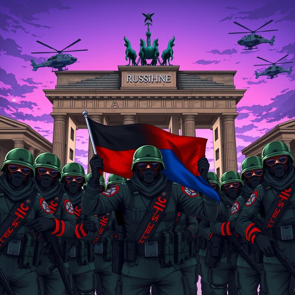 An intense anime-style portrayal of Russian conscript soldiers wearing green helmets, black balaclavas, and sunglasses, posing for a group picture behind the half-destroyed Brandenburg Gate