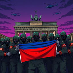 An intense anime-style portrayal of Russian conscript soldiers wearing green helmets, black balaclavas, and sunglasses, posing for a group picture behind the half-destroyed Brandenburg Gate