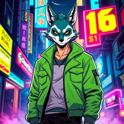 A stylized portrayal of the character 16 from Hotline Miami, depicting him in his iconic outfit which includes a bright green jacket, a mask resembling a fox, and a casual yet edgy demeanor